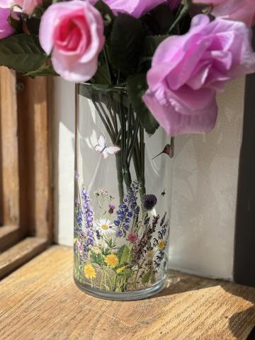 Vase with flowers using rub on transfers with pink faux flowers