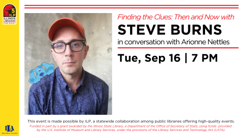 Photo of Steven Burns with Blue on his shoulder. Zoom will be Tues, Sept 16 at 7pm.